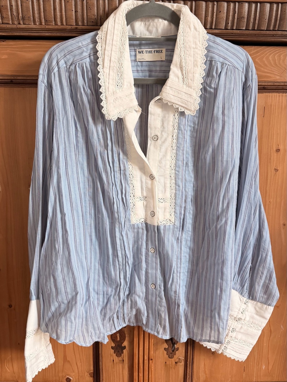 WE THE FREE Light Blue Striped Button-Down with Cream Lace Collar